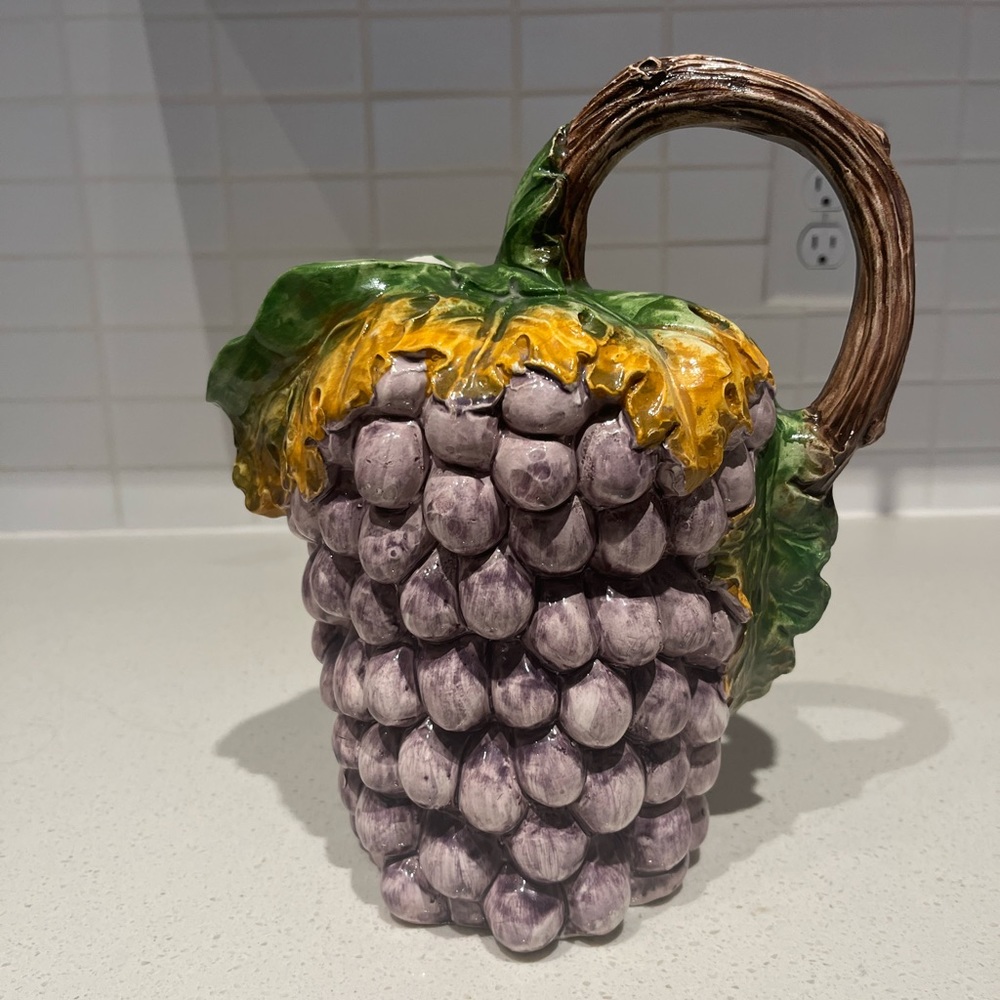 Majolica Grape Motif Hand painted Ceramic Water Pitcher, produced in Italy
